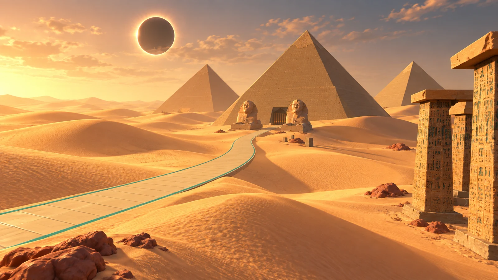 Desert’s pyramids under the eclipse, among golden dunes.