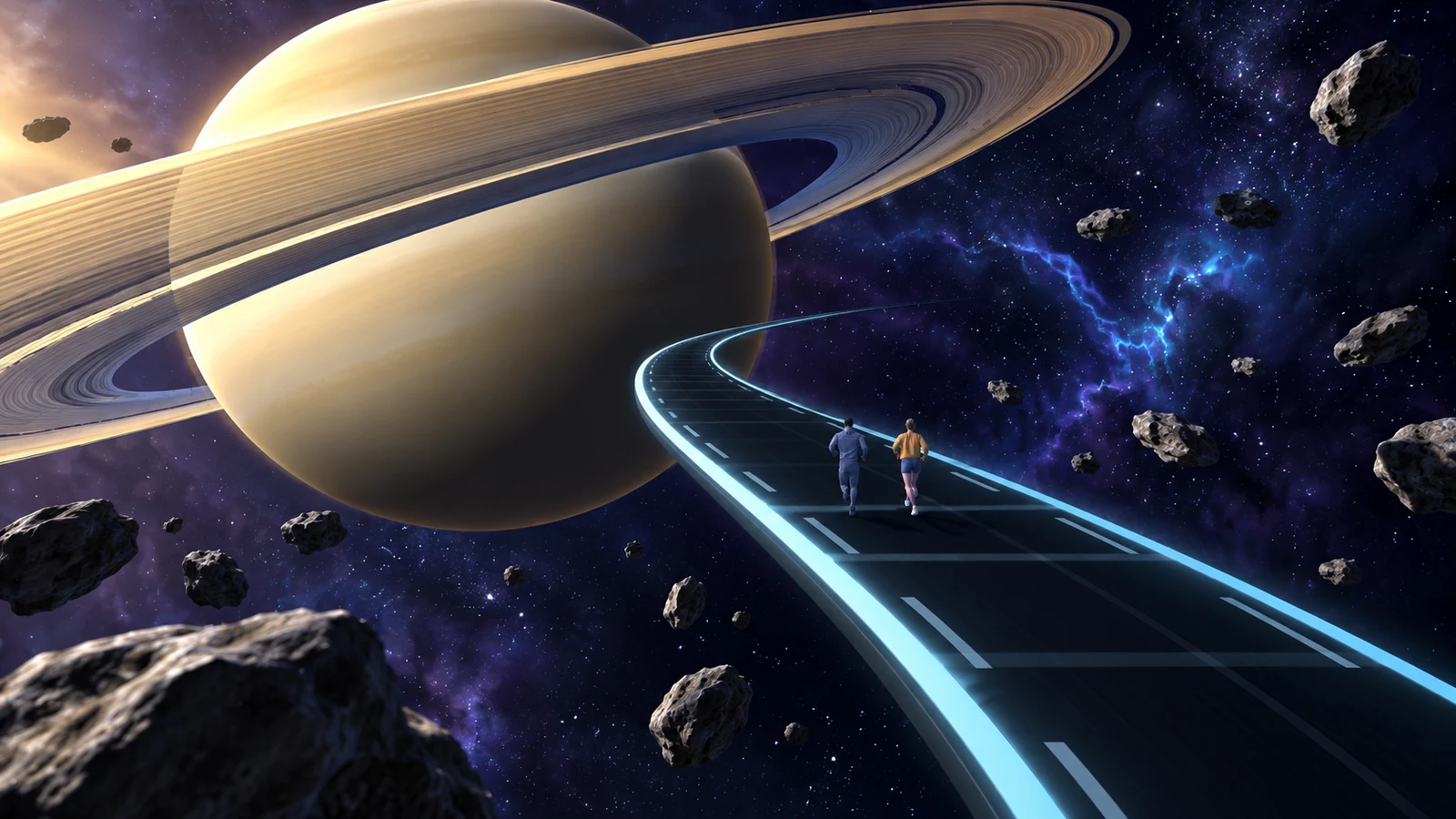 La piste de Space serpente devant Saturne et ses anneaux.