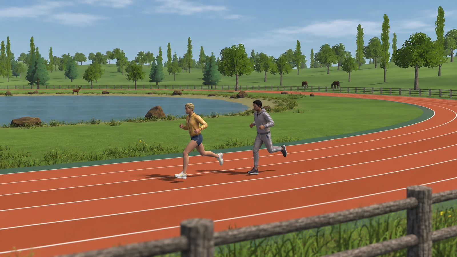 Side view of the runner and their pacer in full stride on the Wild Ring track, by the lake.