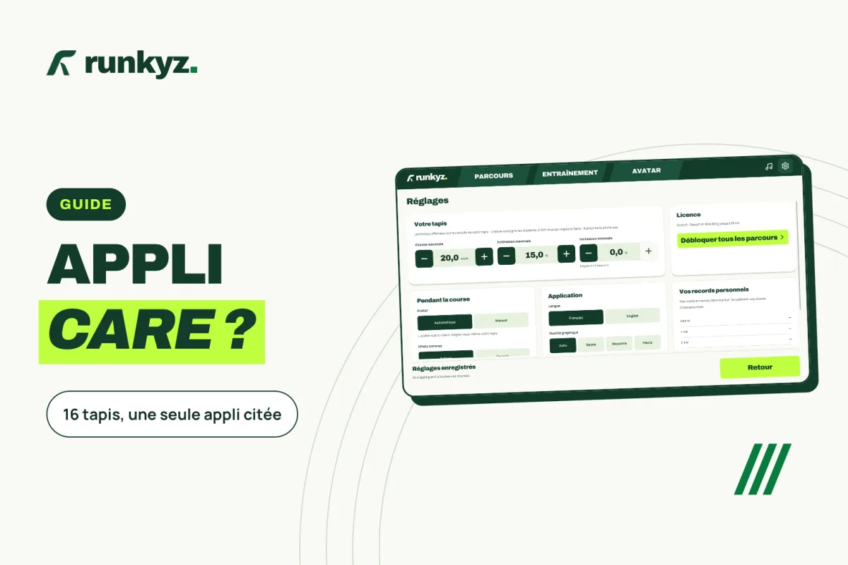 Couverture : « Appli Care ? », 16 tapis et une seule appli citée, avec une capture des réglages du tapis dans Runkyz.