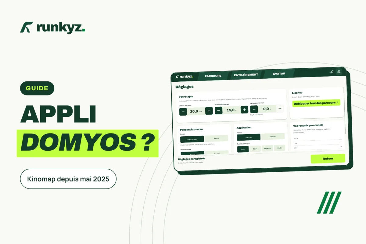 Couverture : « Appli Domyos ? », Kinomap depuis mai 2025, avec une capture des réglages du tapis dans Runkyz.