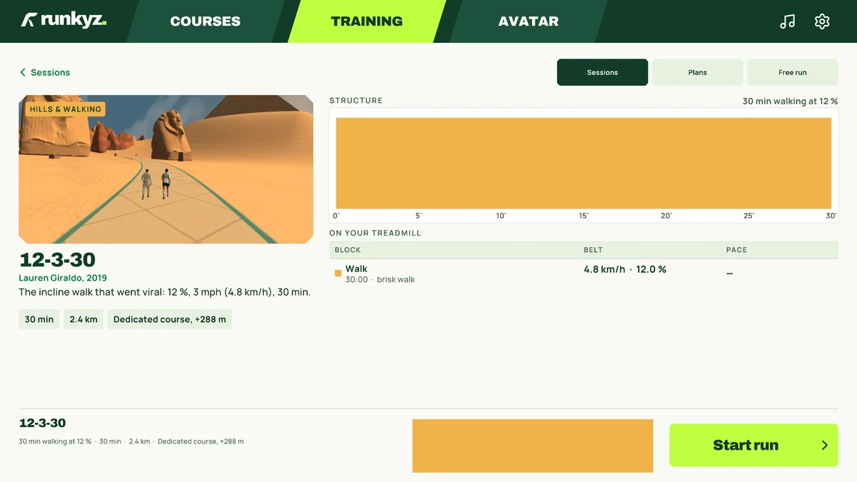 Runkyz Training tab: the 12-3-30 session, 30 minutes walking at 12%, 2.4 km, with the belt settings 4.8 km/h and 12%.
