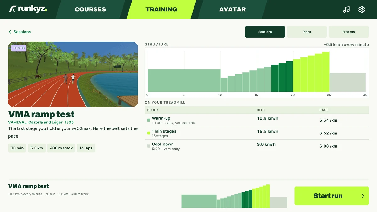 Runkyz Training tab: the VMA ramp test, a 10-minute warm-up, one-minute stages that go up by 0.5 km/h and a 5-minute cool-down.