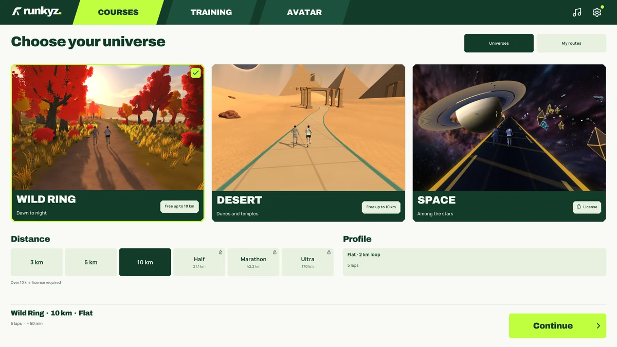 Runkyz Courses menu: the three worlds Wild Ring, Desert and Space; Wild Ring selected, 10 km, flat, 5 laps.