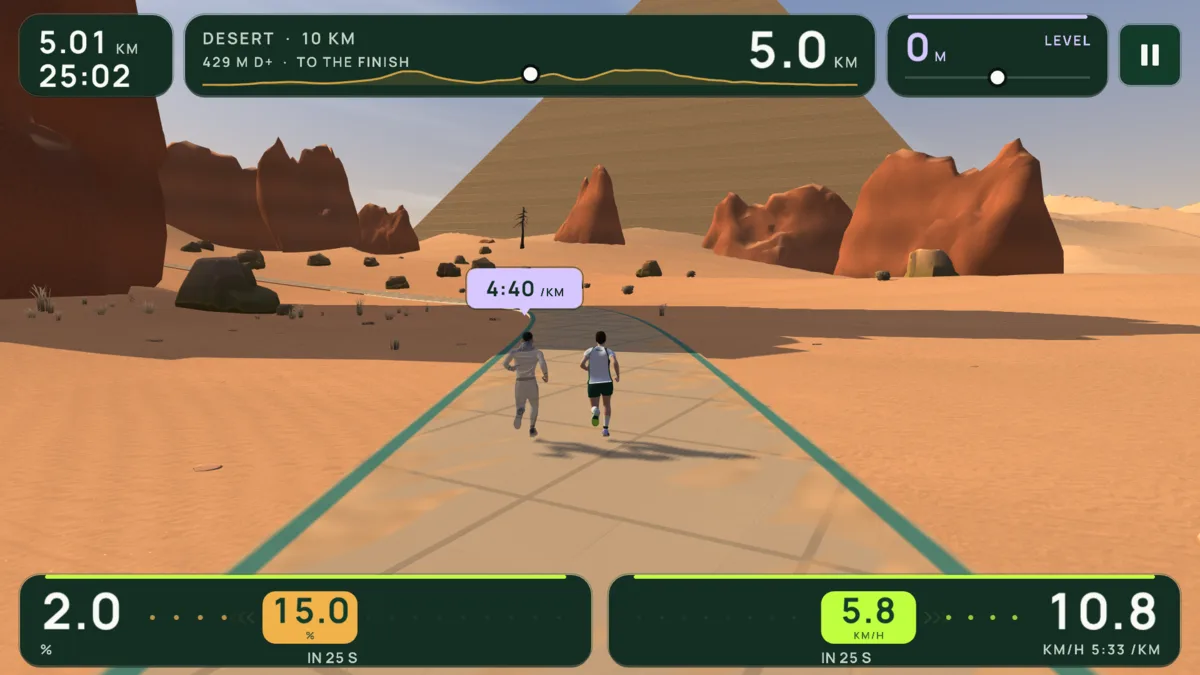 Runkyz run screen in Desert: the incline goes from 2% to 15% in 25 seconds, and the speed from 5.8 to 10.8 km/h.
