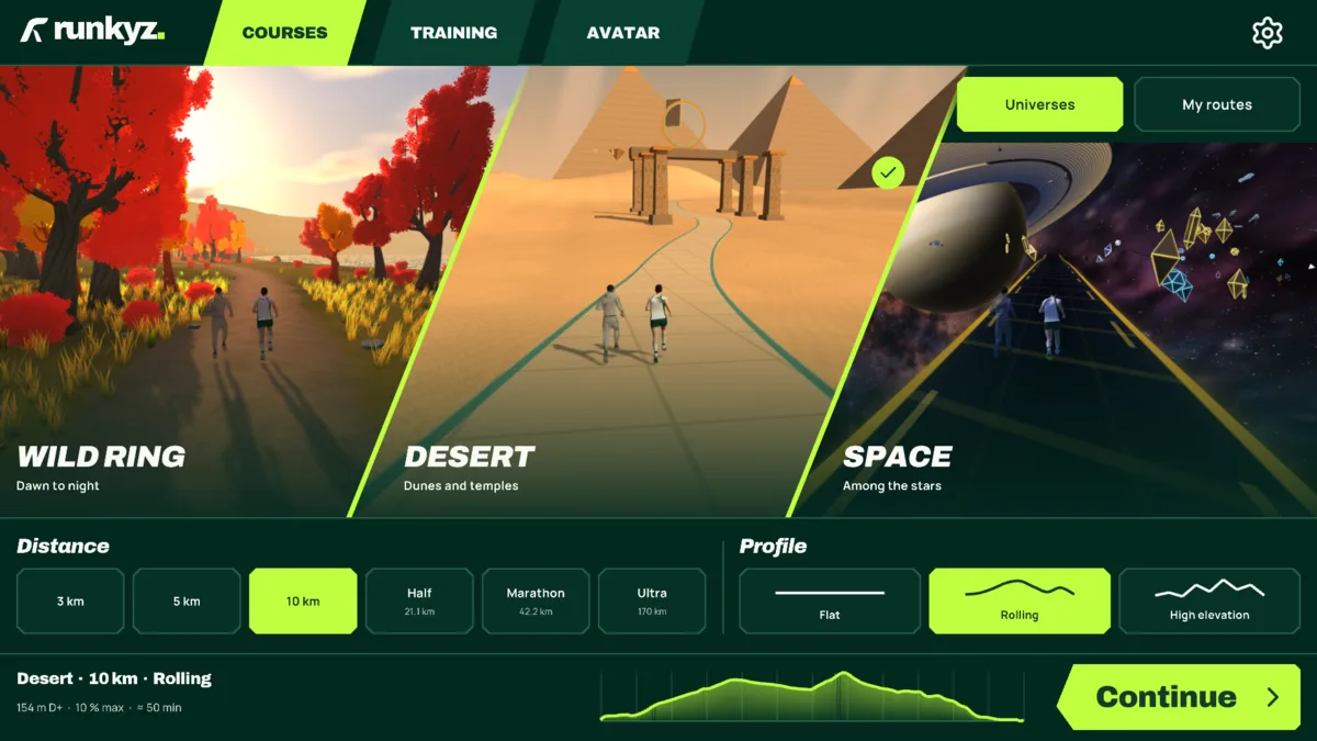 Runkyz Courses menu in the touch interface: Wild Ring, Desert and Space, the distance, the profile and the Continue button.