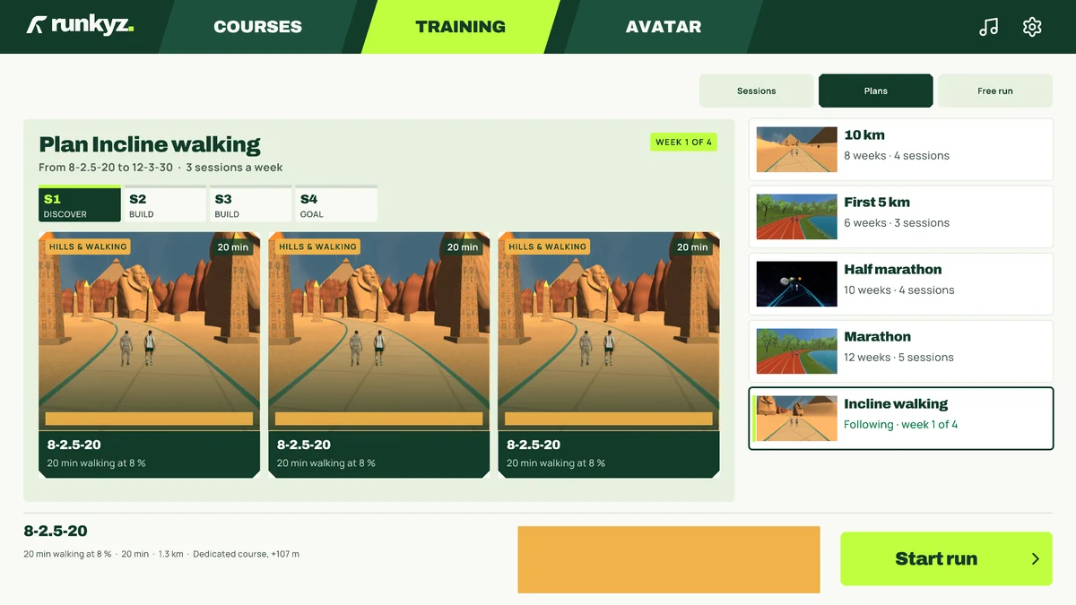 Runkyz Training tab: the Incline walking plan, week 1 of 4, with three 8-2.5-20 sessions of 20 minutes in Desert.