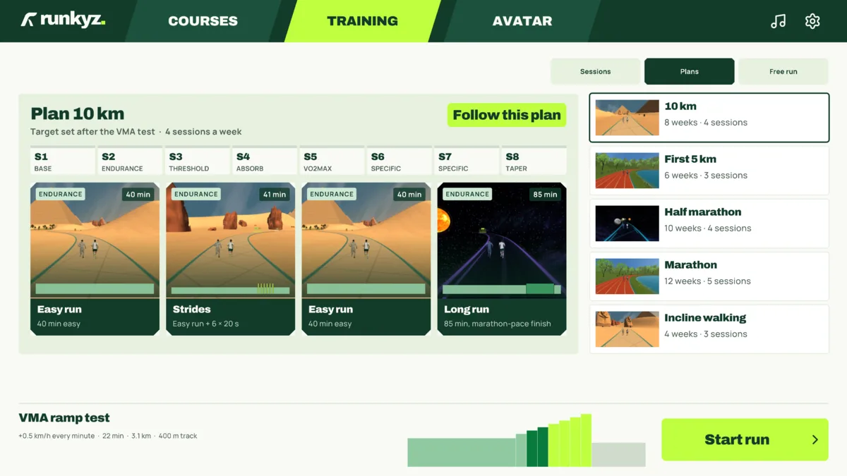 Runkyz Plans tab: the 10 km plan over eight weeks, from base to taper, and the list of five plans.