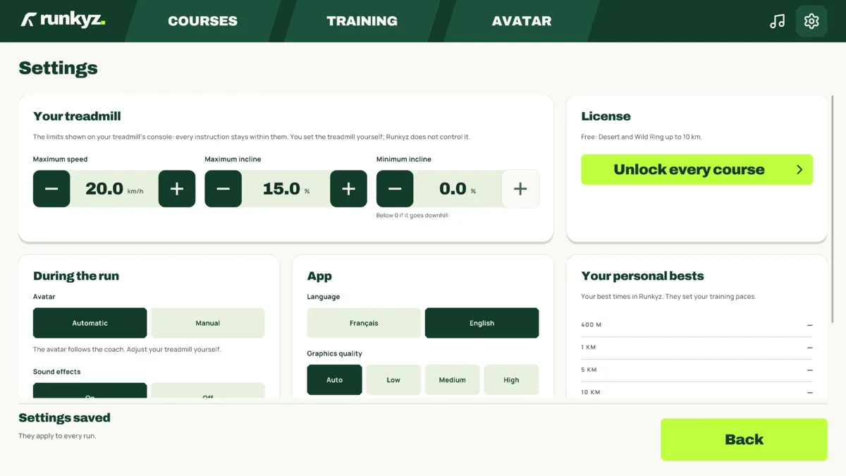 Runkyz settings, Your treadmill card: maximum speed 20.0 km/h, maximum incline 15.0%, minimum incline 0.0%.