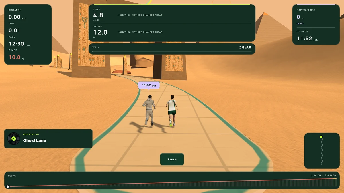 Runkyz run screen during 12-3-30 in Desert: speed 4.8 km/h, incline 12.0%, the message “hold this, nothing changes ahead” and a countdown at 29:59.