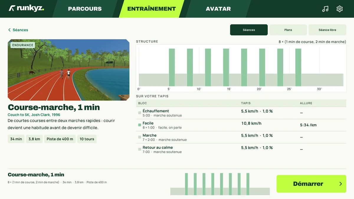 Onglet Entraînement de Runkyz : la séance Course-marche, 1 min, 8 × (1 min de course, 2 min de marche), 34 minutes, avec les réglages de la bande pour l’échauffement, les courses et les marches.