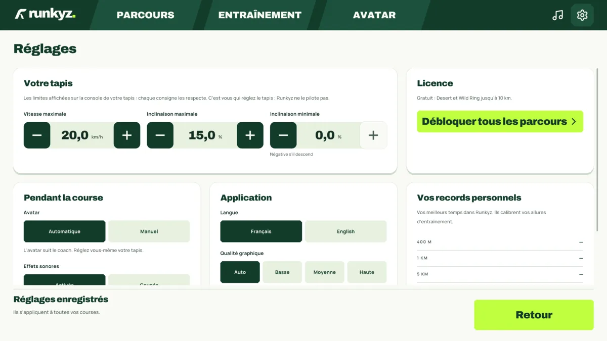 Réglages de Runkyz, carte Votre tapis : vitesse maximale 20,0 km/h, inclinaison maximale 15,0 %, inclinaison minimale 0,0 %.