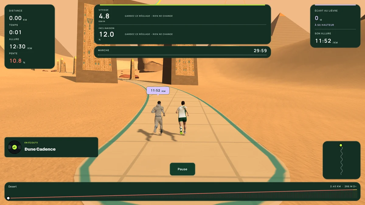 Écran de course de Runkyz pendant le 12-3-30 dans Desert : vitesse 4,8 km/h, pente 12,0 %, le message « gardez ce réglage, rien ne change » et un décompte à 29:59.