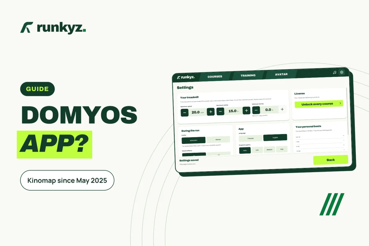 Cover: “Domyos app?”, Kinomap since May 2025, with a capture of the treadmill settings in Runkyz.