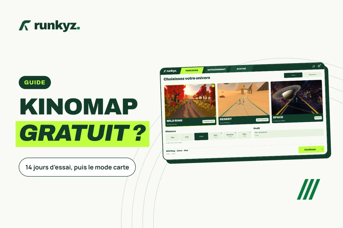 Couverture : « Kinomap gratuit ? », 14 jours d’essai puis le mode carte, avec une capture du choix de parcours dans Runkyz.