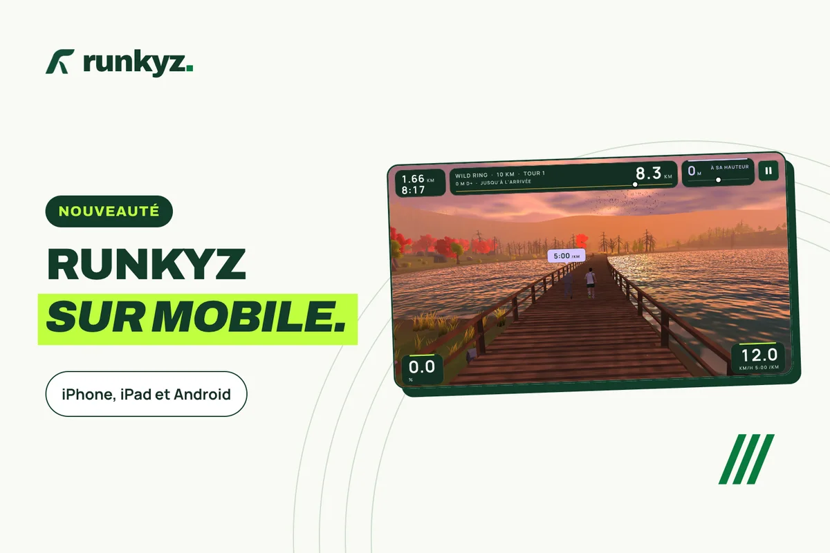 Couverture : « Runkyz sur mobile », iPhone, iPad et Android, avec une capture du ponton de Wild Ring au coucher du soleil.