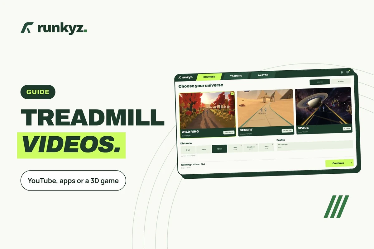 Cover: “Treadmill videos”, YouTube, apps or a 3D game, with a screenshot of the Runkyz Courses menu.