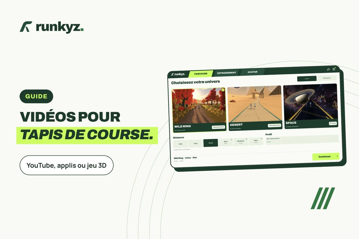 Couverture : « Vidéos pour tapis de course », YouTube, applis ou jeu 3D, avec une capture du menu Parcours de Runkyz.